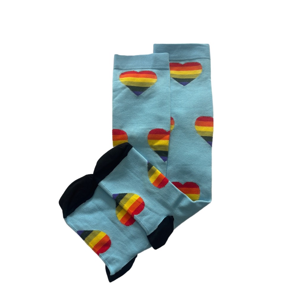 Light Blue Rainbow Heart Crew Socks Black‎ Heel Toe Pride Novelty Socks
